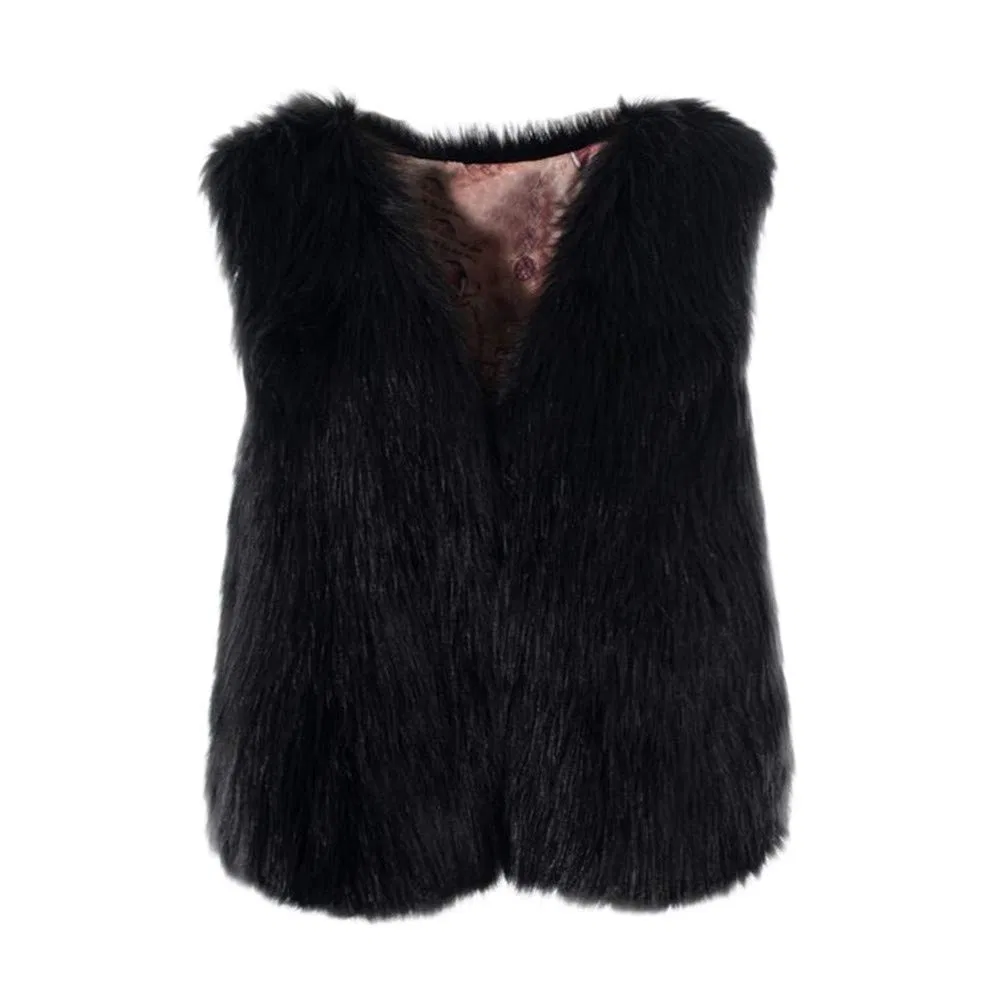Женский жилет без рукавов с искусственным мехом V Neck Solid Color, Black — фото 4