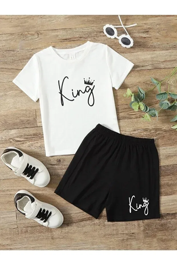 Детский для мальчиков комплект футболки и шорт с принтом King Pattern Lepold, White/Black