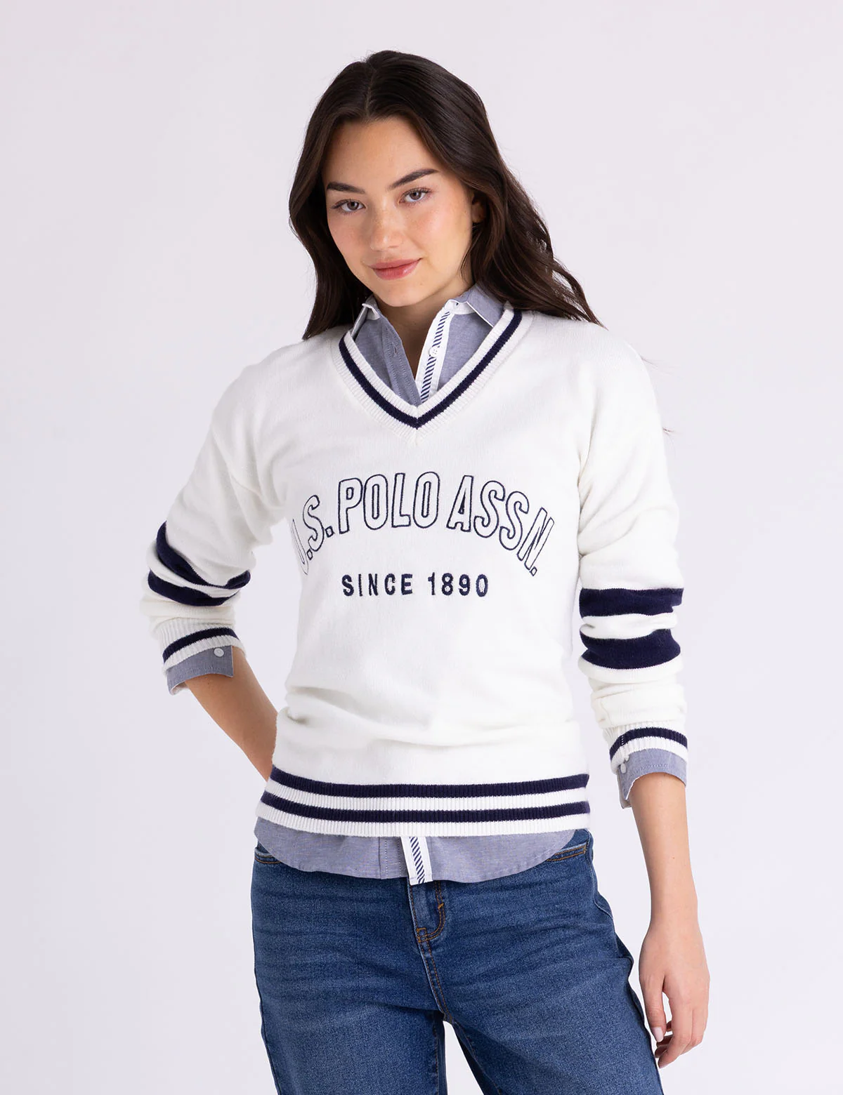 

Свитер U.S. Polo Assn V-neck Varsity Stripe, белый/темно-синий
