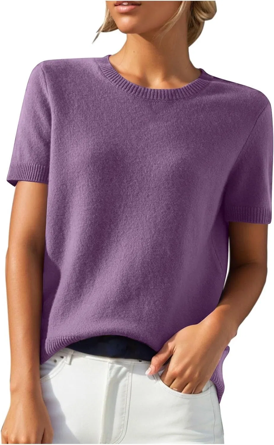 Женский свитер с коротким рукавом и круглым вырезом, Purple