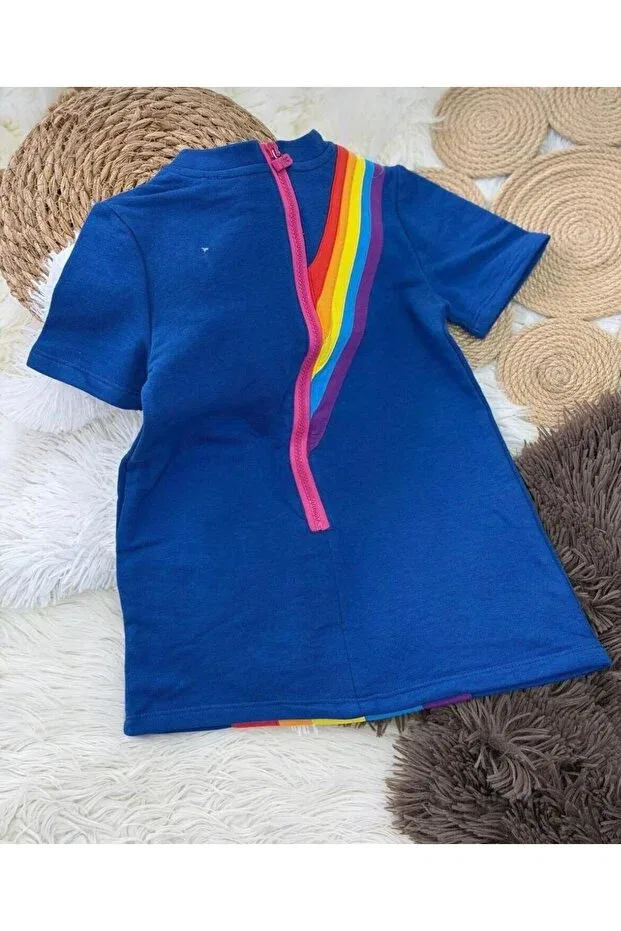 Детское платье для девочек хлопковое Rainbow Color Dress Miniminnakkidswear, Navy Blue — фото 3