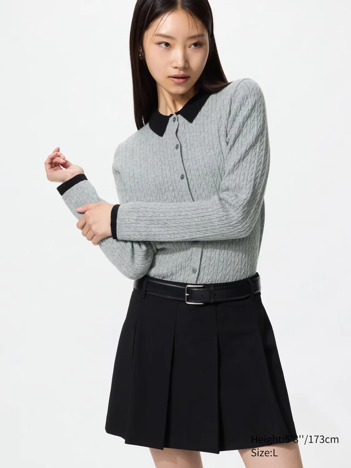 Кардиган Uniqlo с круглым вырезом и мини-косой вязкой, серый