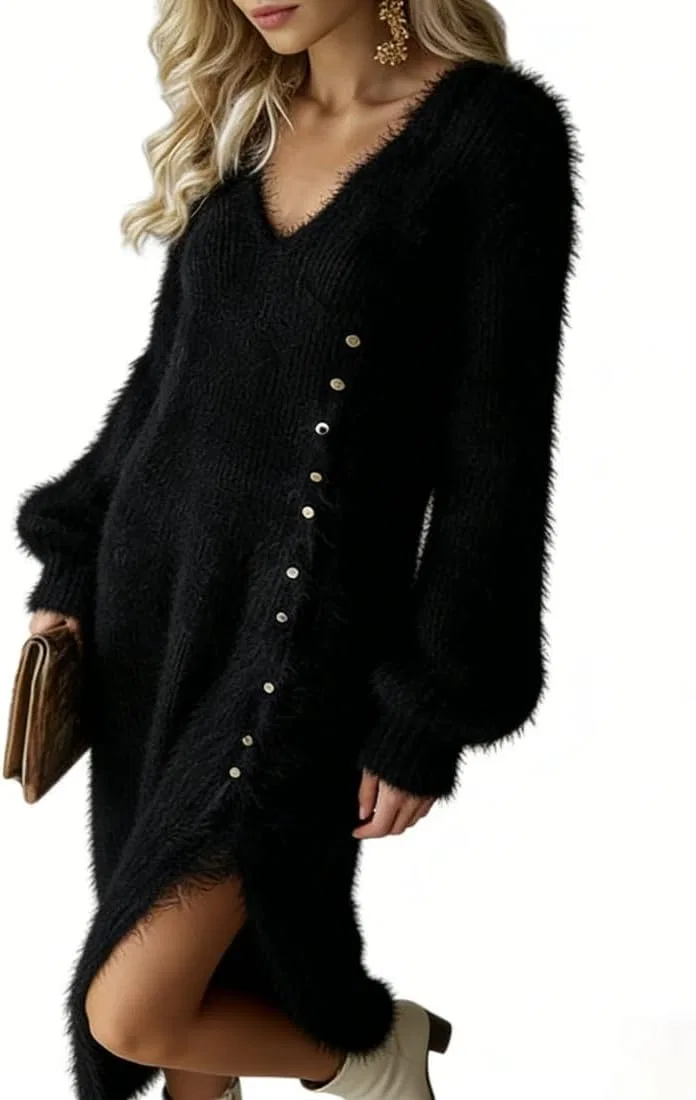 Женское платье из футера с V-образным вырезом, Fuzzy Sweater Dress, чёрный — фото 2