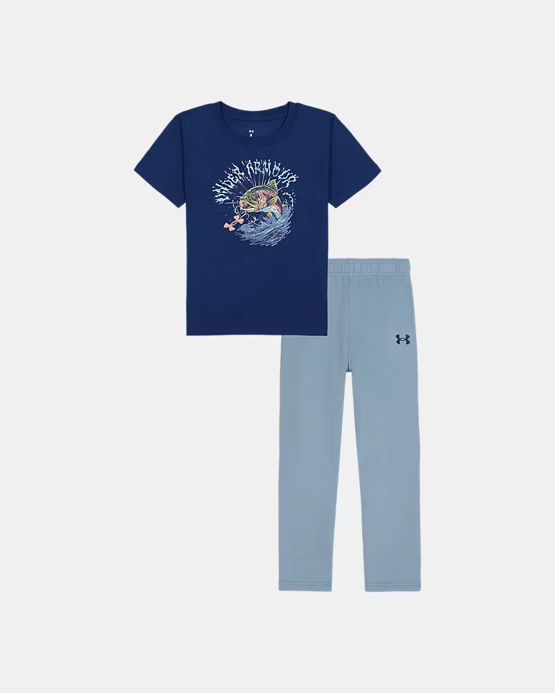 Комплект для мальчиков влагоотводящий из футболки и джоггеров UA Trout Jump UnderArmour, Blackout Navy/Blue Wind