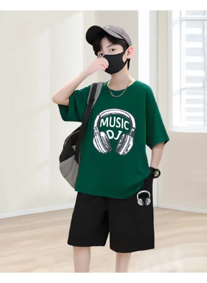 Комплект футболка с коротким рукавом с принтом 2025 summer new boys' short-sleeve t-shirt two-piece set Bornbay, темно-зеленый
