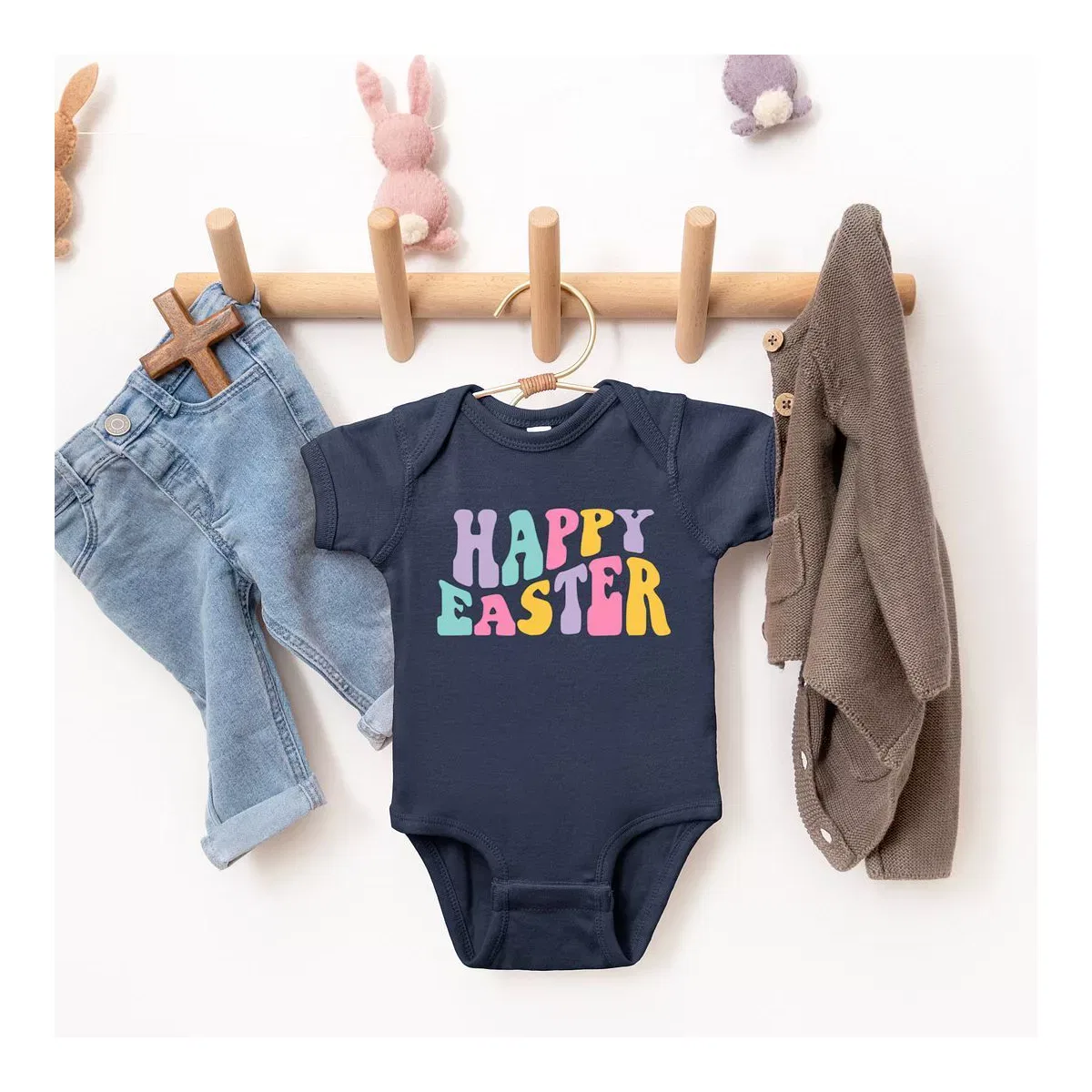 Детский боди с коротким рукавом Happy Easter Wavy Colorful The Juniper Shop, Navy — фото 2