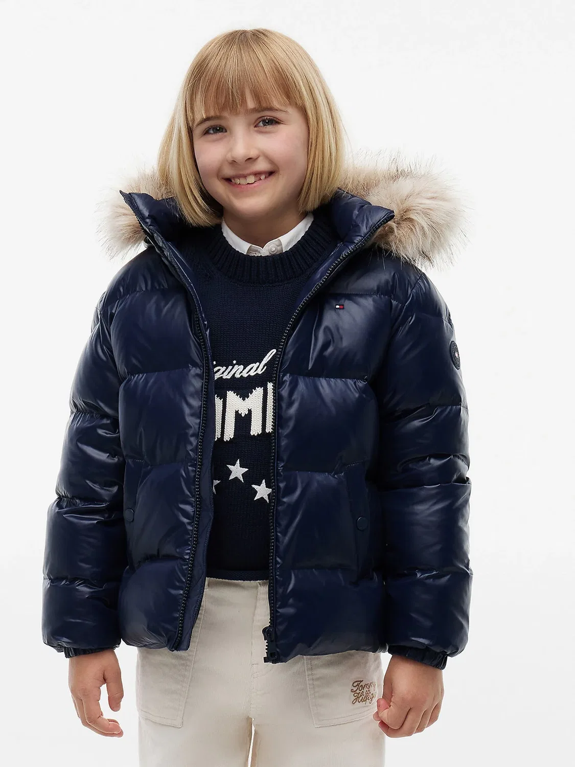 Синий пуховик Tommy Hilfiger Essential с отделкой из искусственного меха