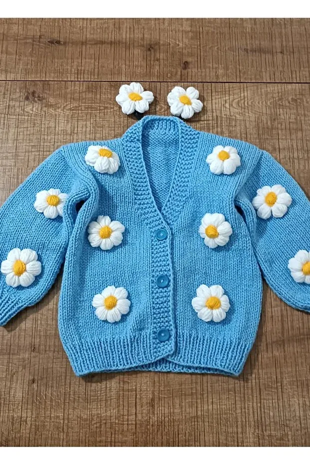 Детский кардиган с V-образным вырезом El Örgüsü Cici Bebe, Baby Blue
