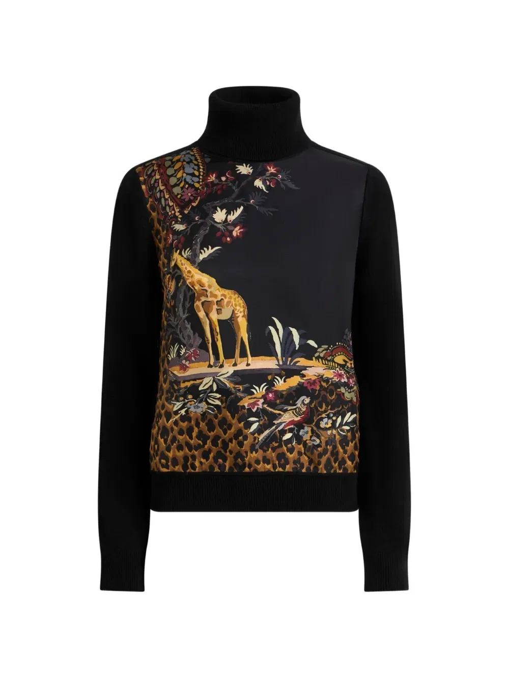 Джемпер с ворником-стойкой из шерстяной смеси с анималистичным и пейслийским принтом Etro, черный