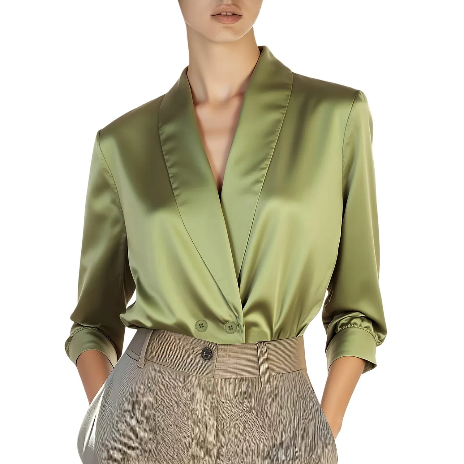 Женская блузка из атласа с V-образным вырезом и длинным рукавом, Raso 10-verde Menta