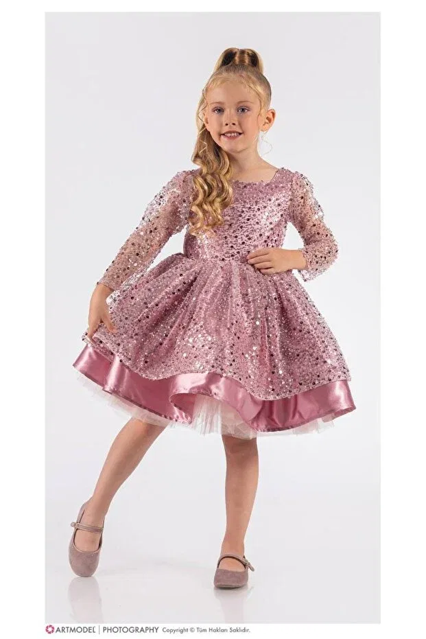 Детское платье для девочек с длинным рукавом Prom / Bridesmaid Sare Çocuk Giyim, Powder