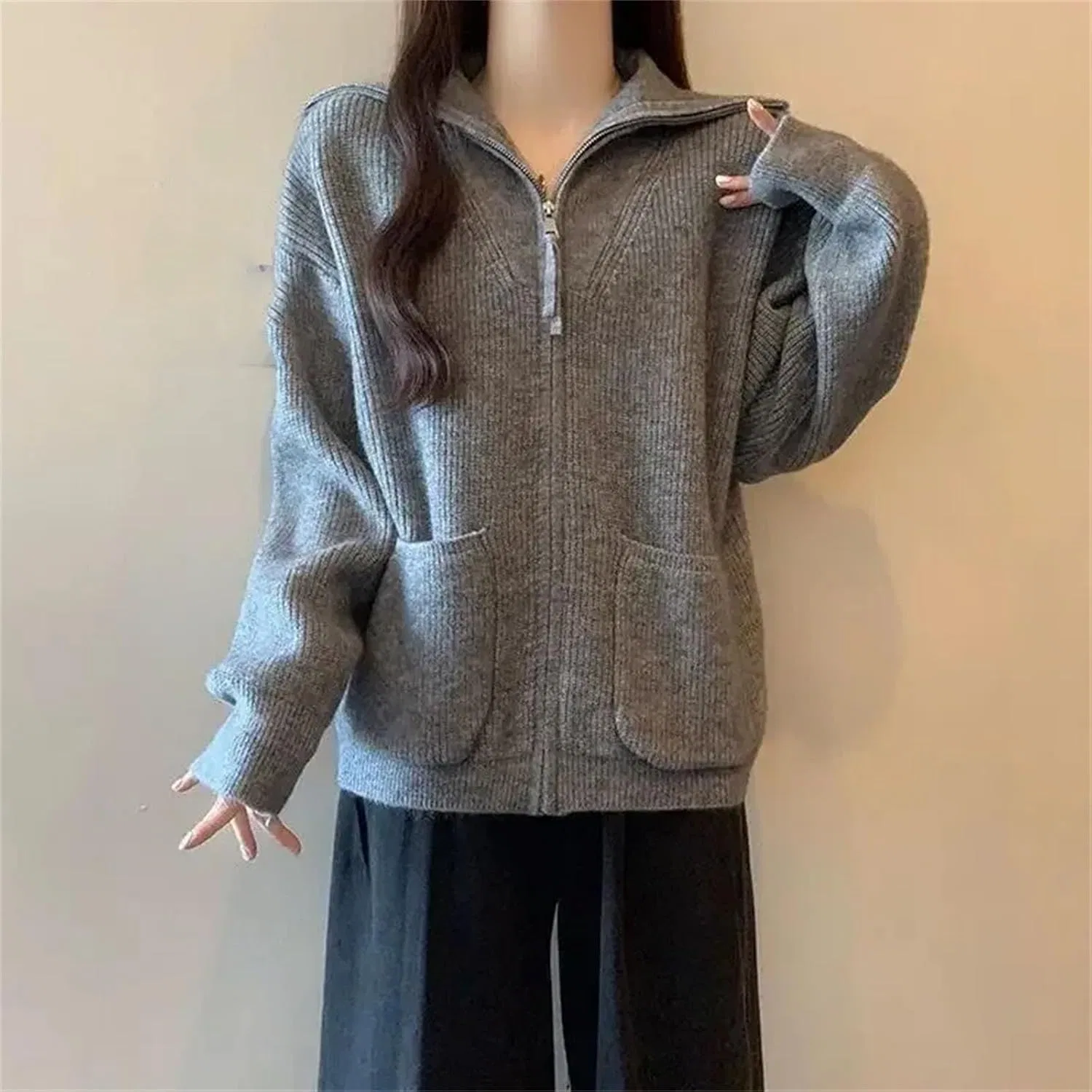 Женский свитер с воротником и молнией, свободный, Lazy Style, серый — фото 2