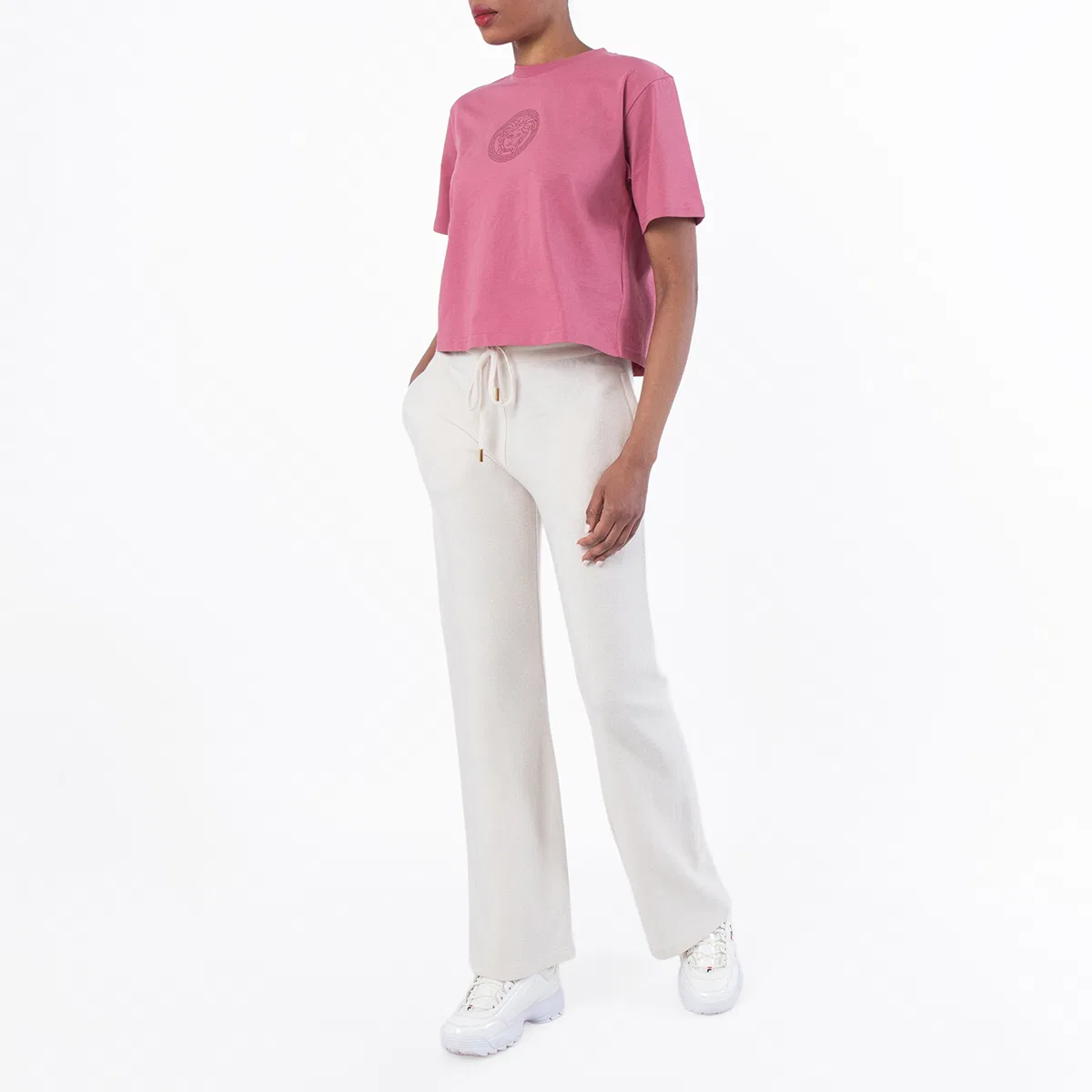 Брюки клеш из шерстяной смеси Wool-Blend Flared Towel Pants Versace, Bone — фото 4