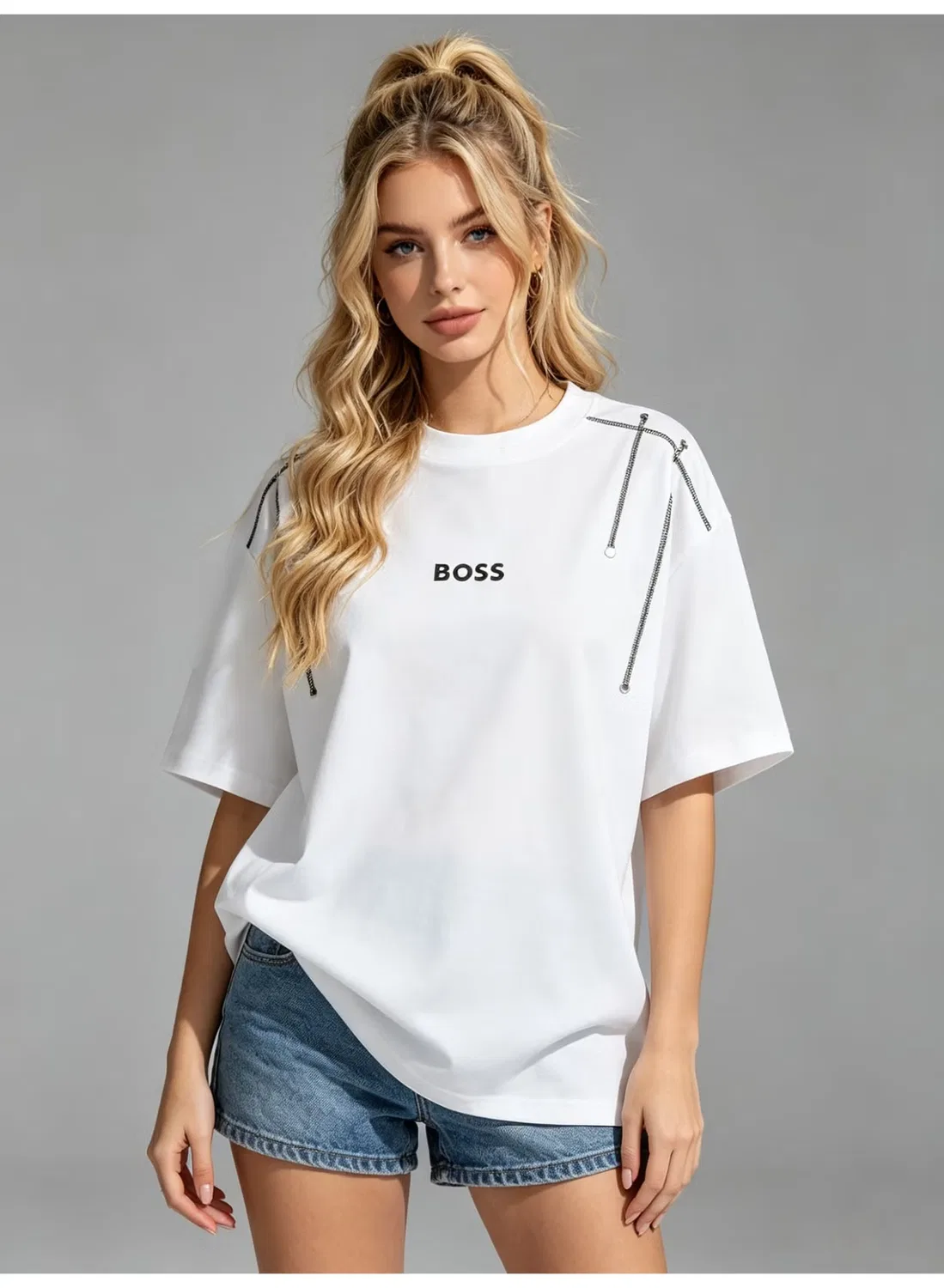 Футболка оверсайз с цепочкой на плече унисекс Boss, белый