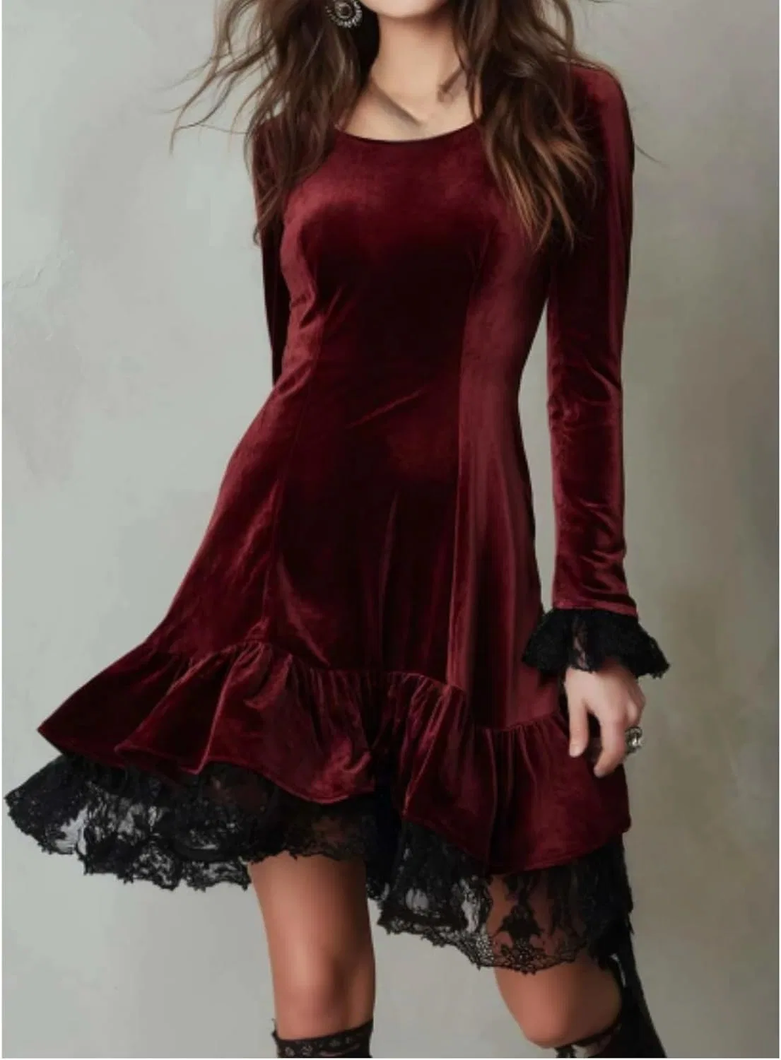 Женское платье мини с кружевной отделкой Vintage, Burgundy — фото 2