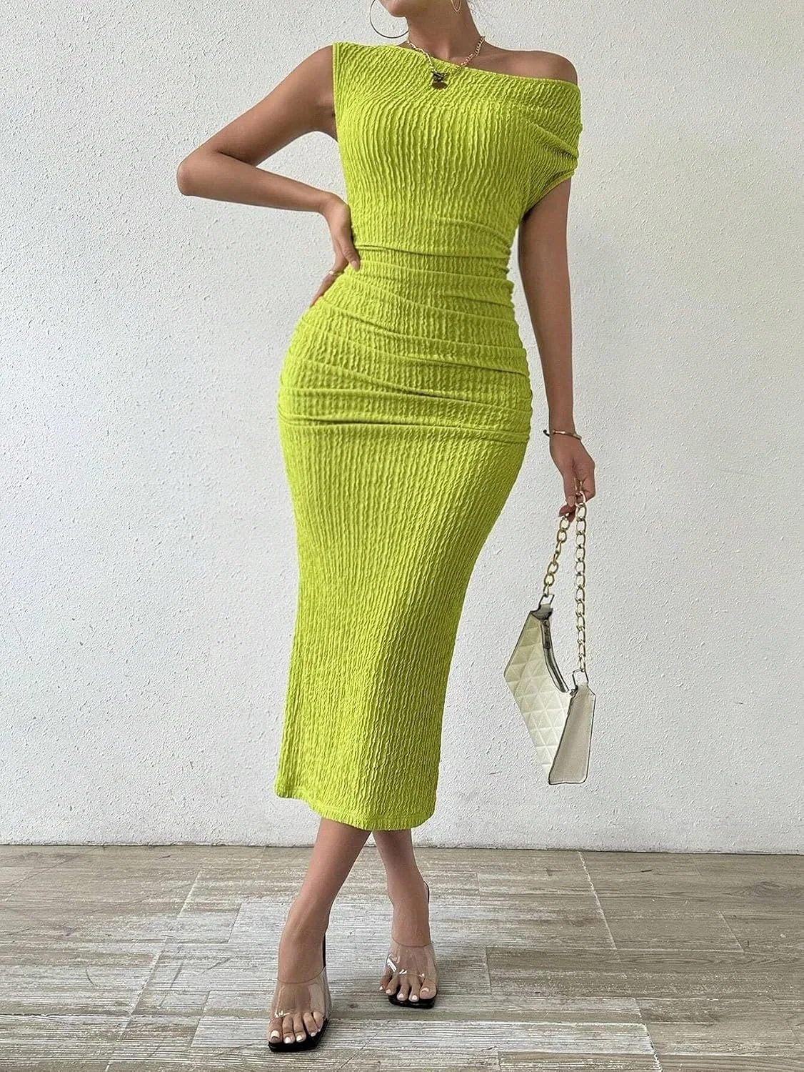 Женское элегантное платье миди с асимметричным вырезом Bodycon, Green — фото 2