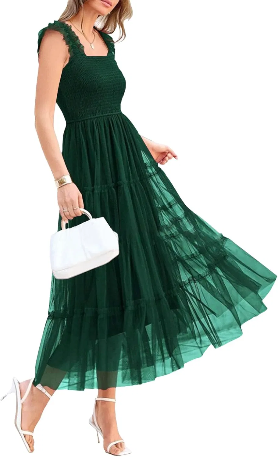 Женское летнее платье миди с воланами Smocked Tulle Sundress, Dark Green
