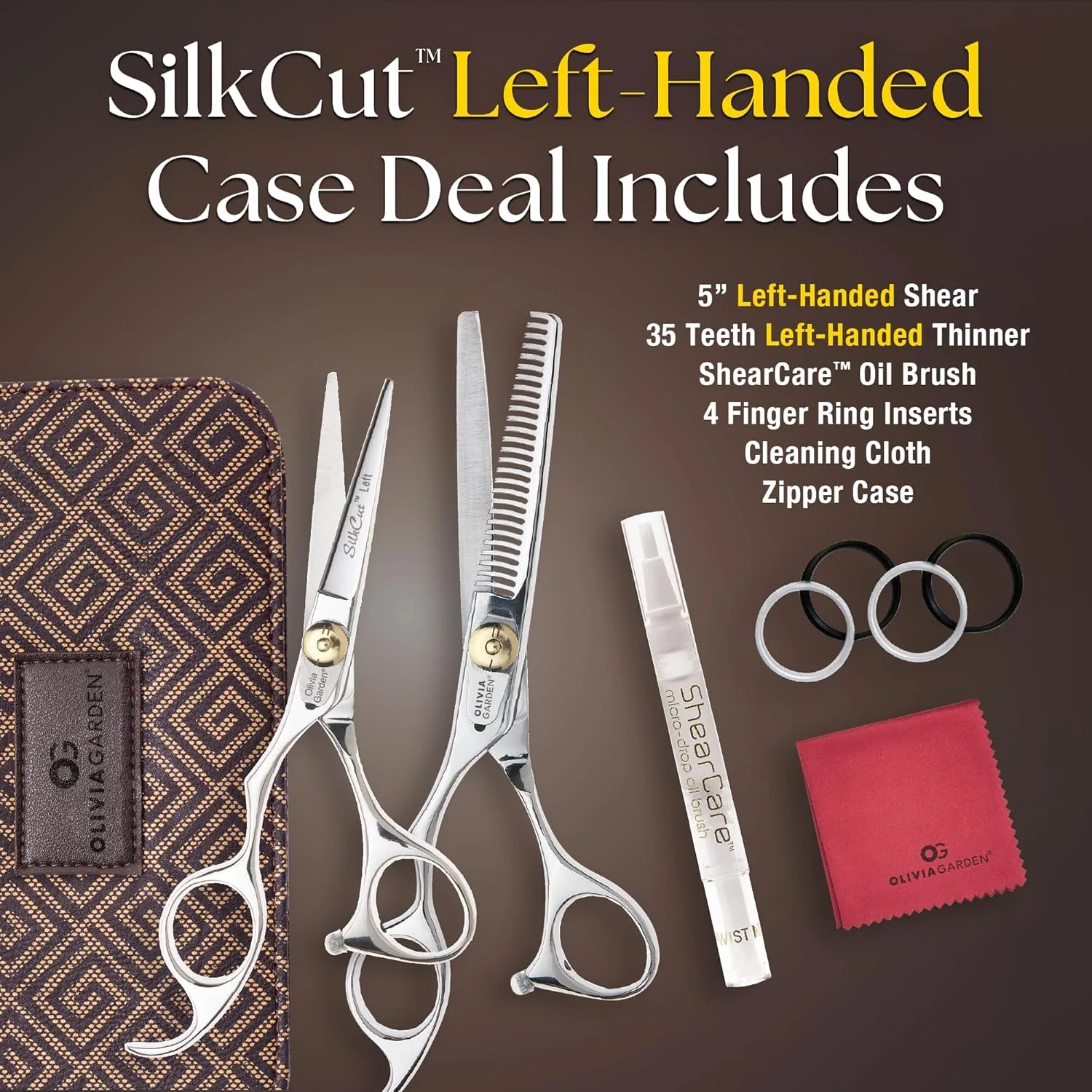 Набор для начинающих Olivia Garden SilkCut Shears - включает профессиональные ножницы для стрижки волос, филировочную машинку, футляр и аксессуары - острые как бритва ножницы для левшей 5" для левшей (модель SKC01LH), Silver — фото 2