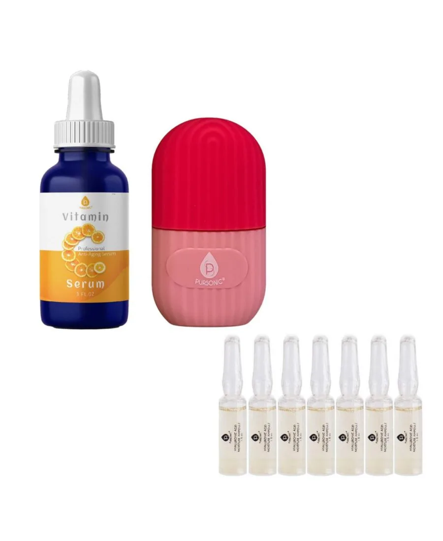 Набор для ухода за кожей Radiant Glow & Refresh: массажер для лица Ice Cube + сыворотка с витамином С + набор ампул с гиалуроновой кислотой PURSONIC, розовый