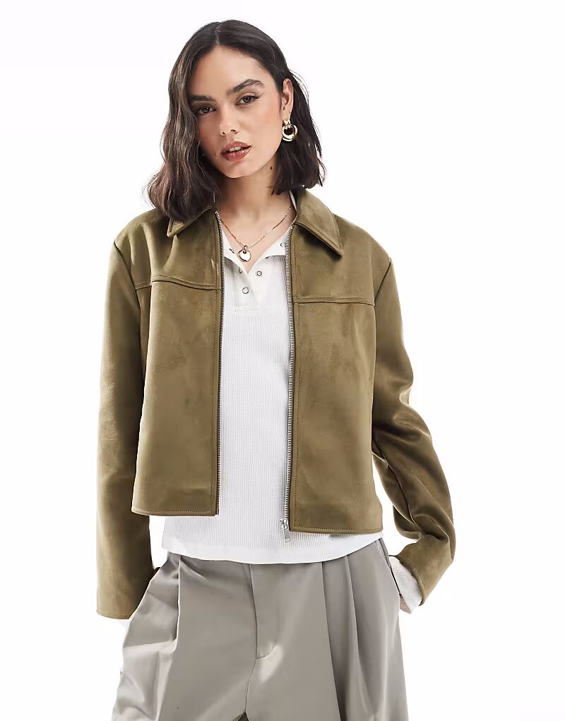 

Куртка из искусственной замши ASOS DESIGN оливкового цвета с воротником