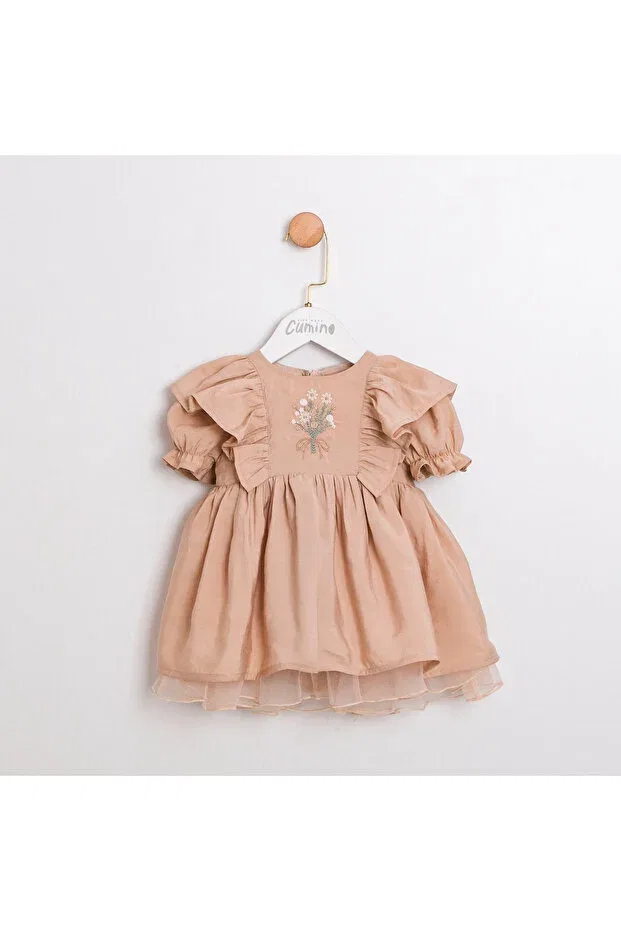 Детское платье для девочек с вышивкой Linda balloon sleeve Ministok, Light Coffee