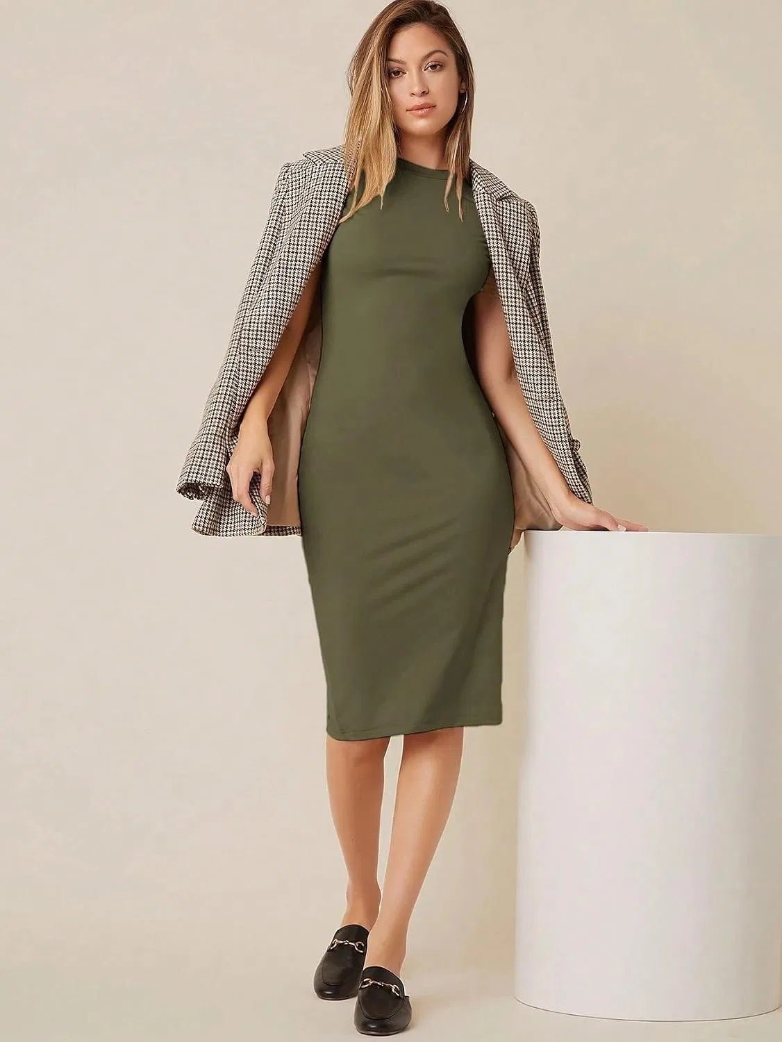 Женское облегающее платье-футляр миди с коротким рукавом Army Green — фото 3