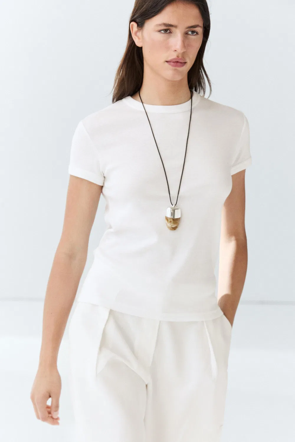 Футболка Massimo Dutti 100% Cotton Short-sleeve, кремовый — фото 3