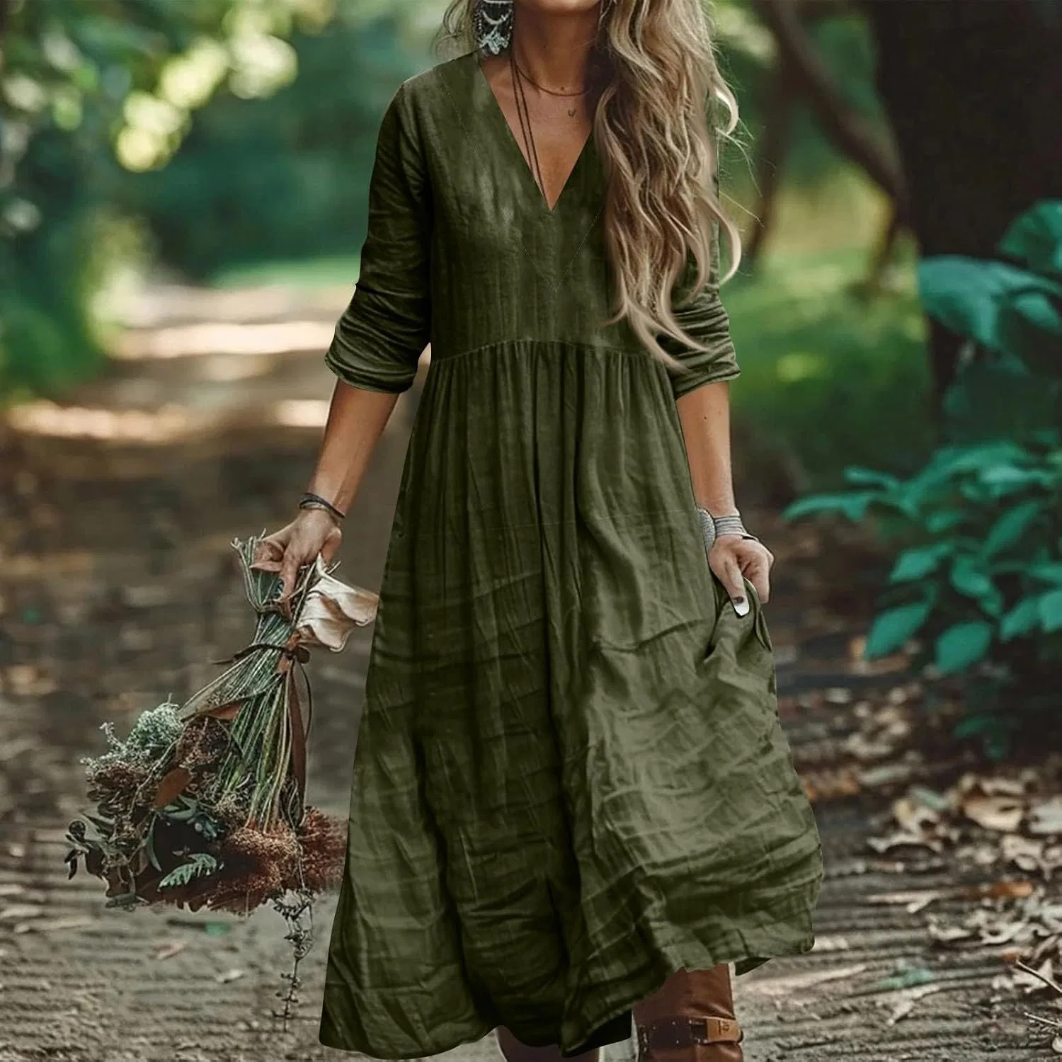 Женское платье-свитер с V-образным вырезом, Army Green — фото 2