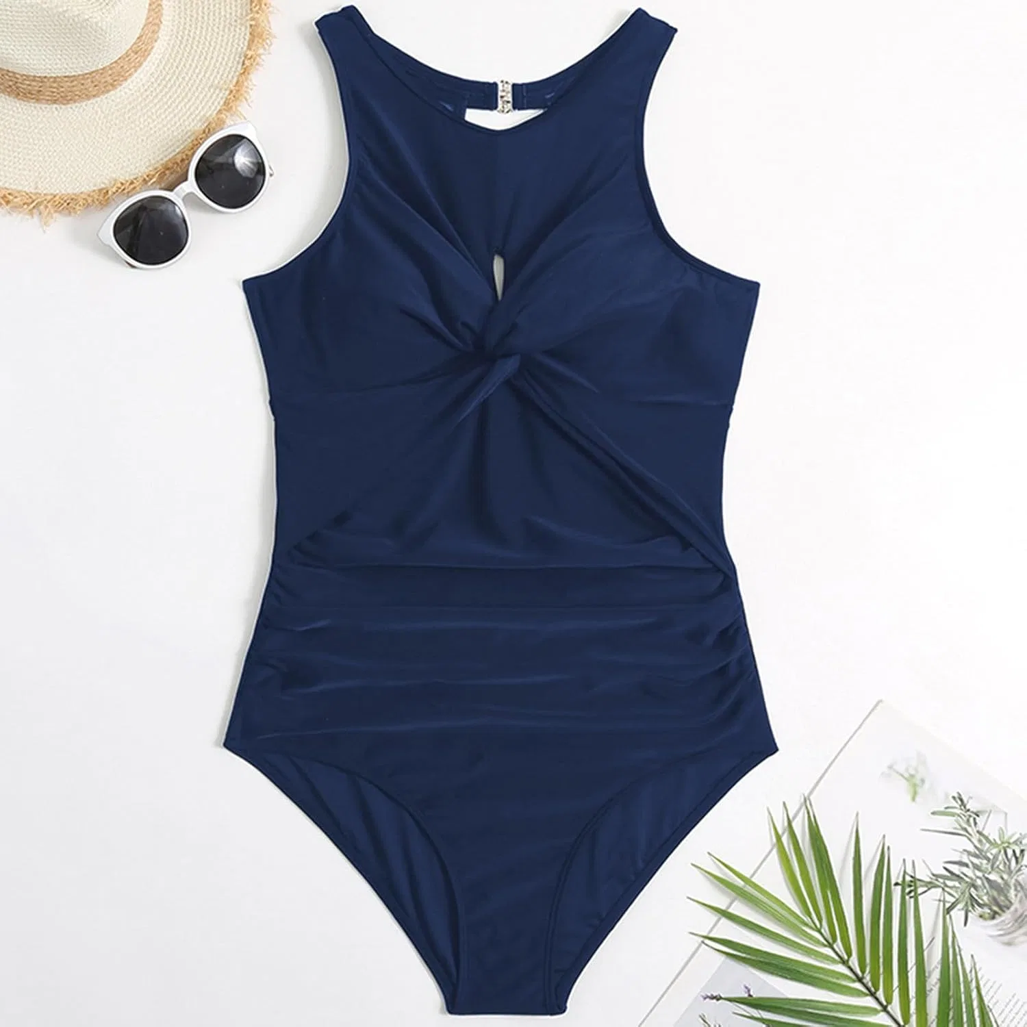 Женский слитный купальник с утяжкой живота High Waist Keyhole Twist Ruched, A01 Dark Blue — фото 2