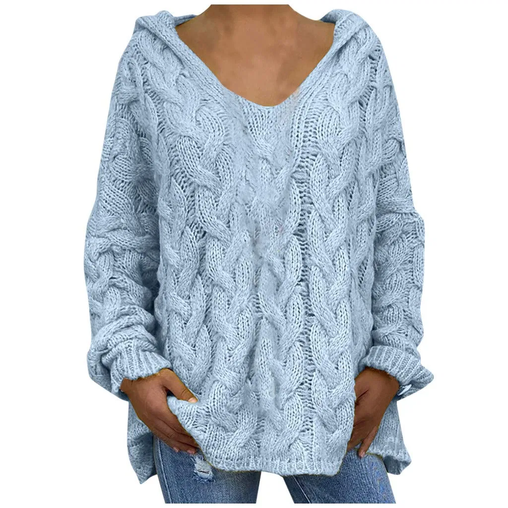 Женский пуловер с v-образным вырезом и длинным рукавом Chunky Knit Pullover, Azure