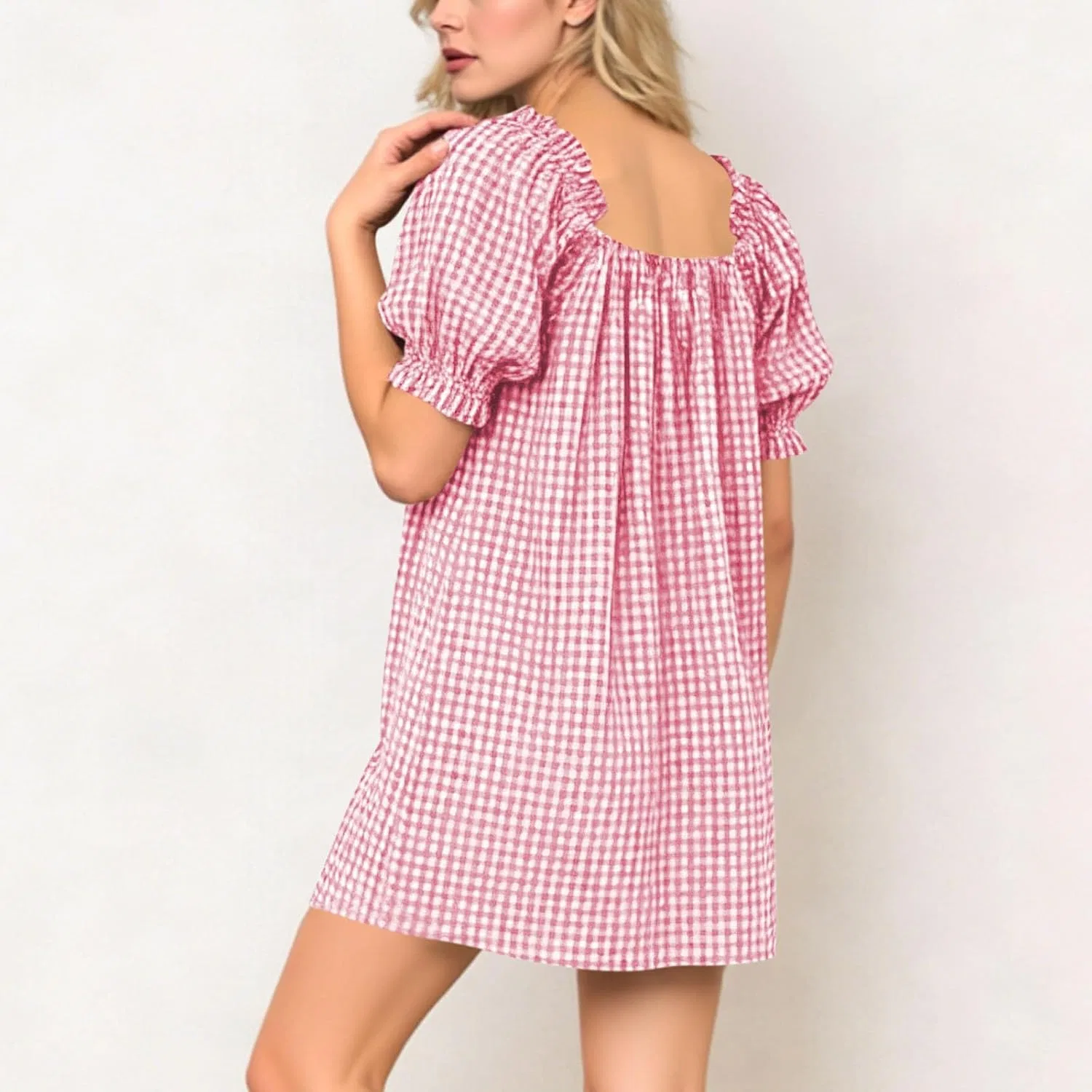 Женское мини-платье babydoll в клетку с пышными рукавами, Pink — фото 3
