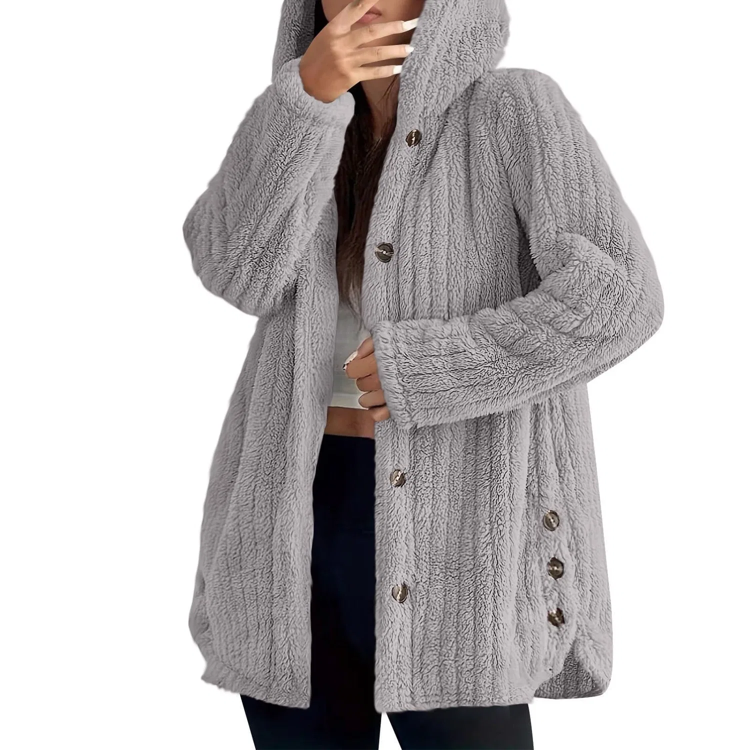 Женская куртка из флиса с капюшоном и длинным рукавом, Light Grey
