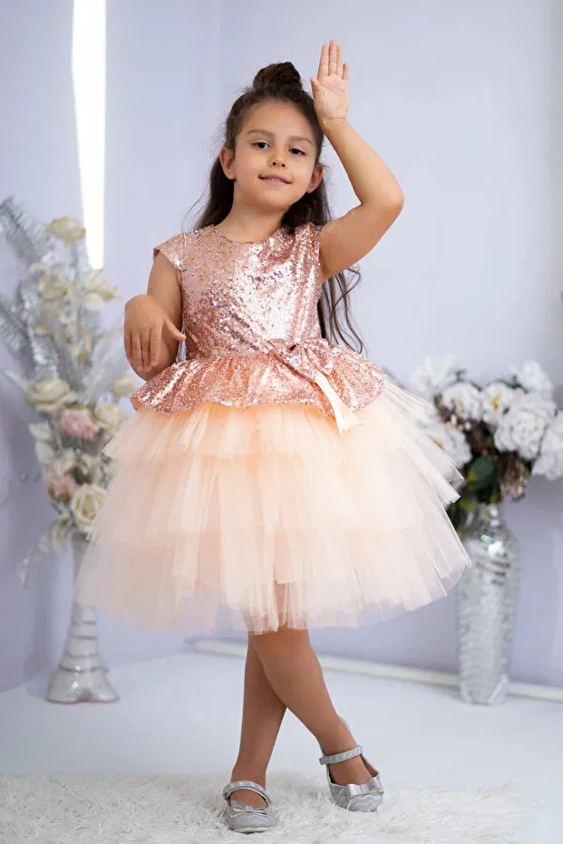 Детское платье для девочек с пайетками Girl'S sequined tulle dress Dafito Kids, Salmon — фото 3