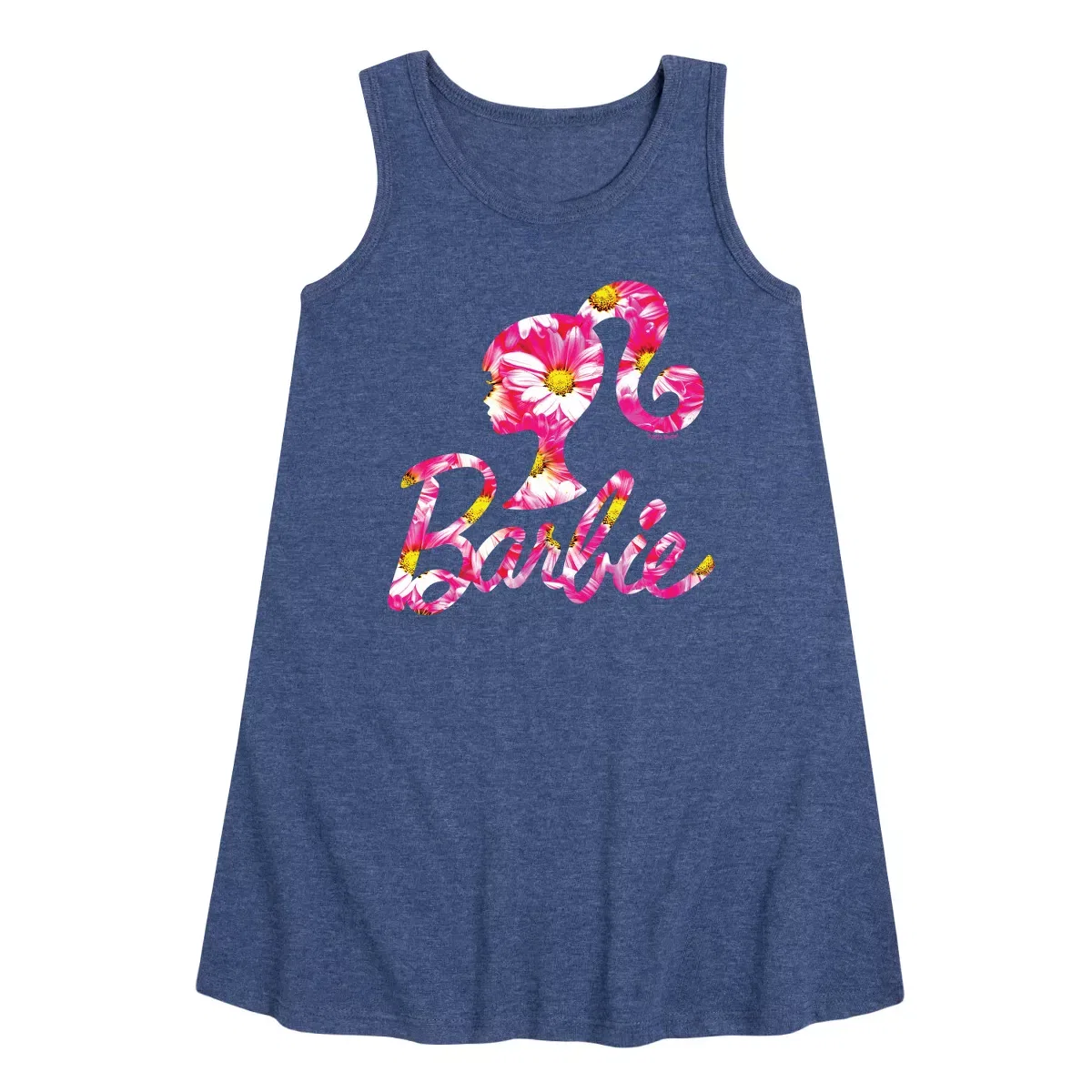 Детское платье-трапеция для девочек с принтом Barbie Pink Daisy Pattern Logo Barbie, Heather Navy