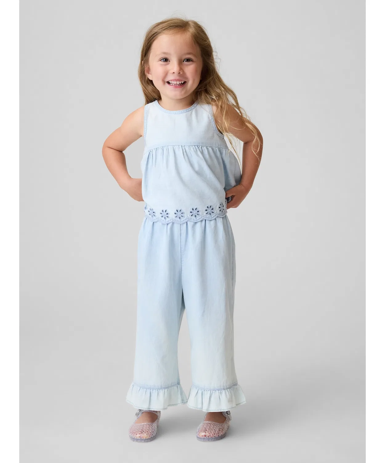 Детский комплект из топа и брюк из денима с вышивкой, модель GAP, Light Indigo Blue