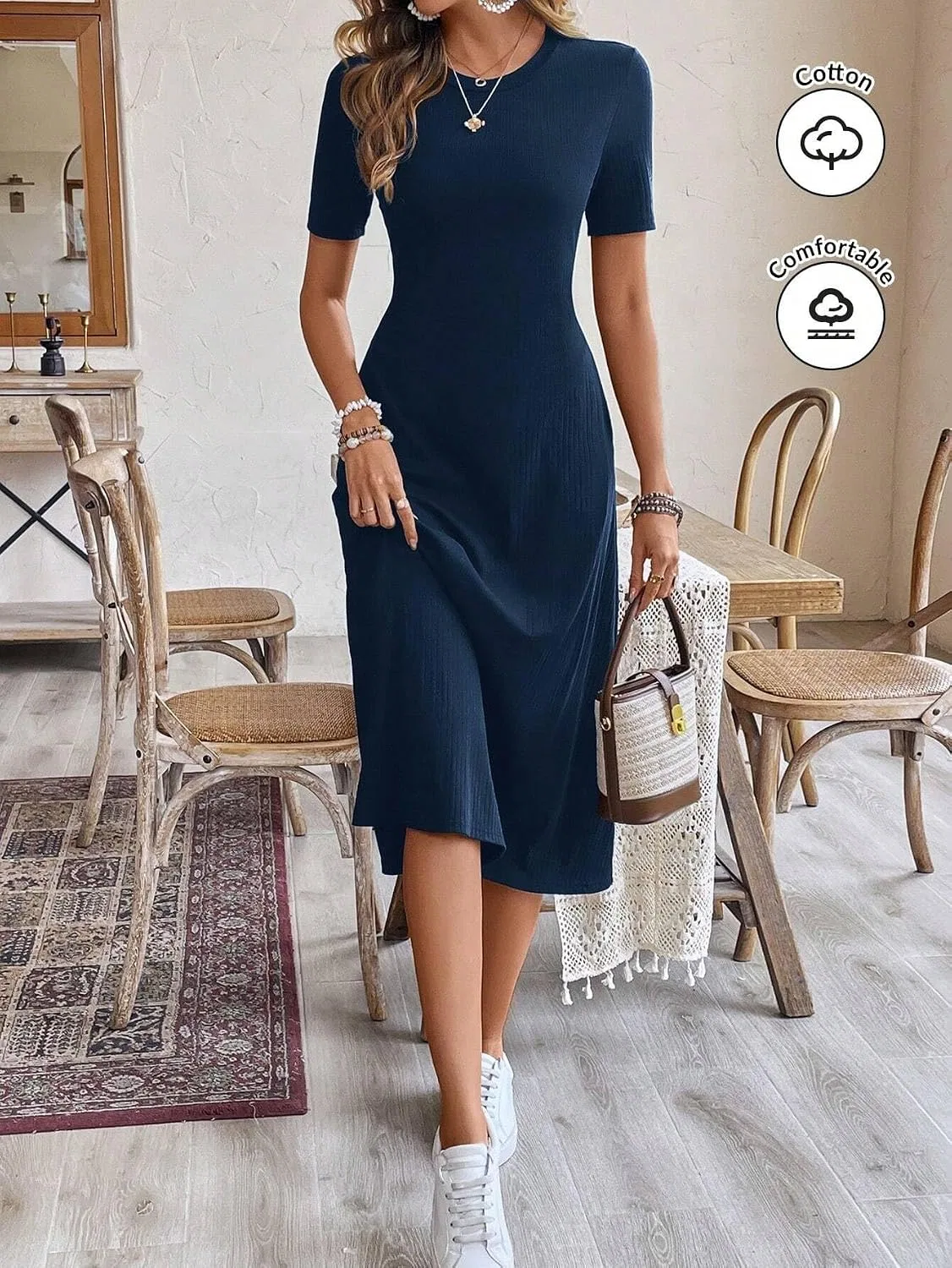 Женское повседневное миди-платье с коротким рукавом, Navy Blue — фото 2