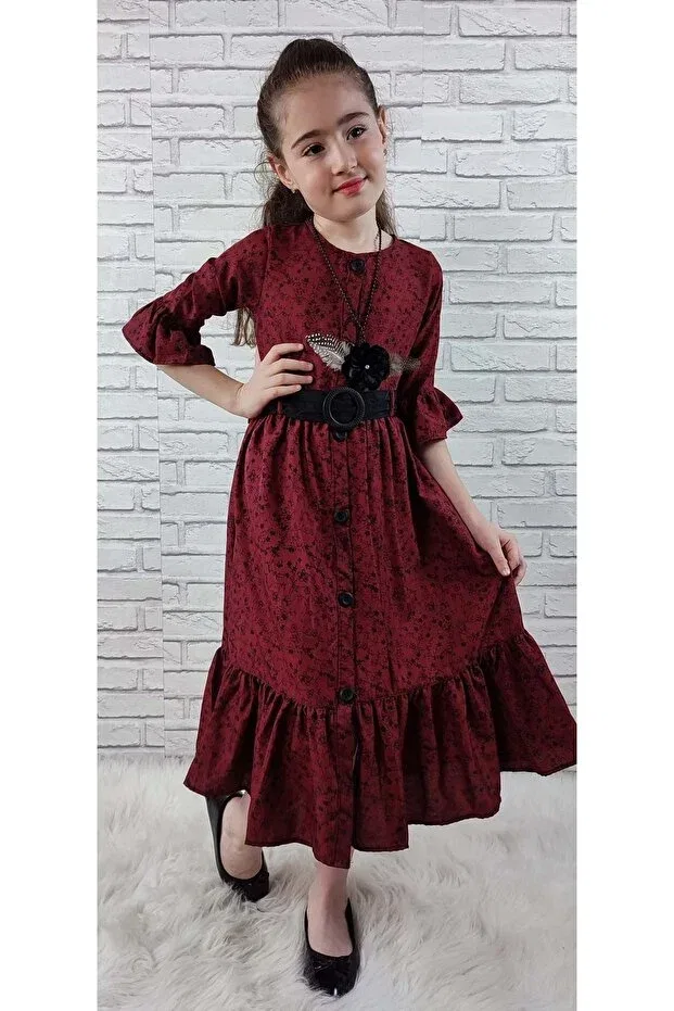 Детское платье для девочек с принтом Vintage Basma Girls' Dress 0299 Mnk, Burgundy