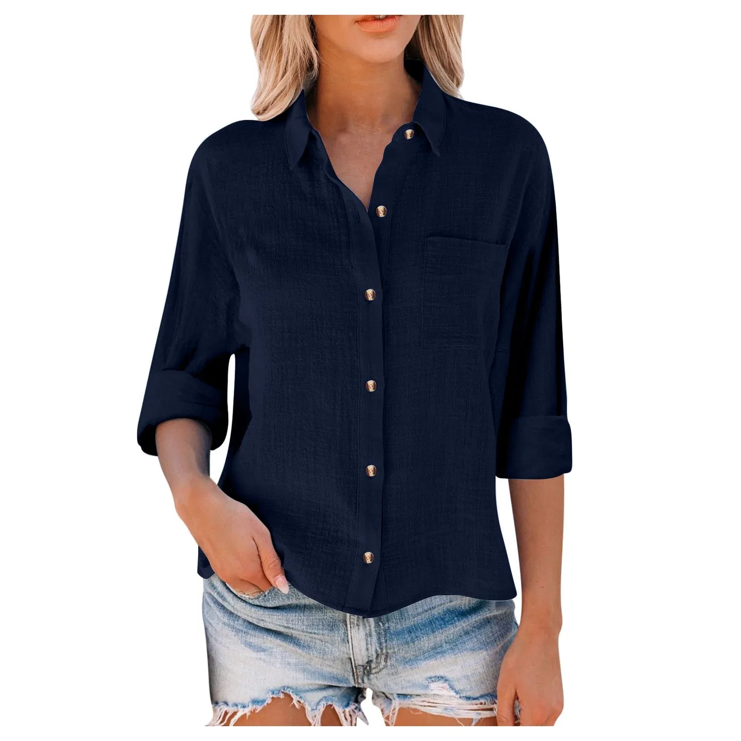 Женская блузка с длинным рукавом из хлопка и льна с карманами, Navy Blue — фото 2