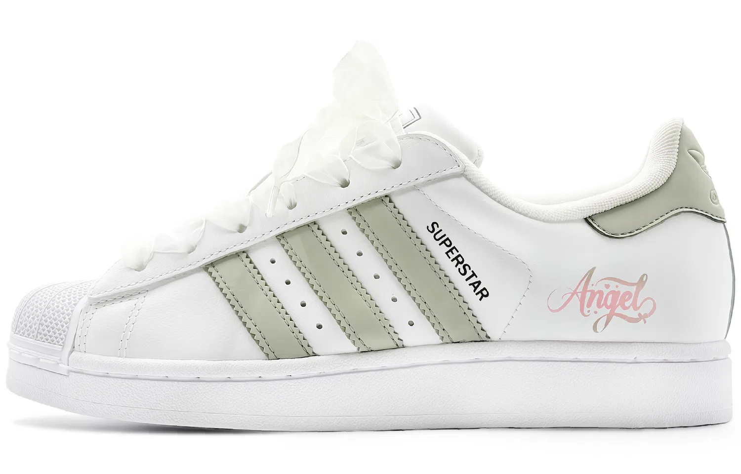 Детские кроссовки для скейтбординга с принтом Angel Adidas Originals Superstar 2, White Gray Pea Green — фото 3