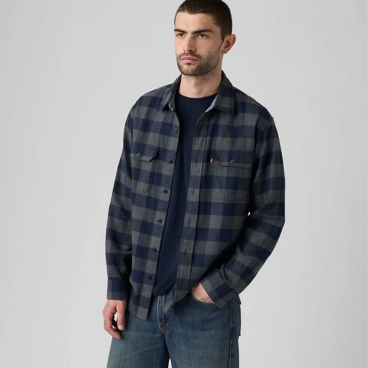 Классический непринужденный рабочий стиль в фланелевой рубашке Levi's, Bandurria Plaid Navy Blazer - Blue