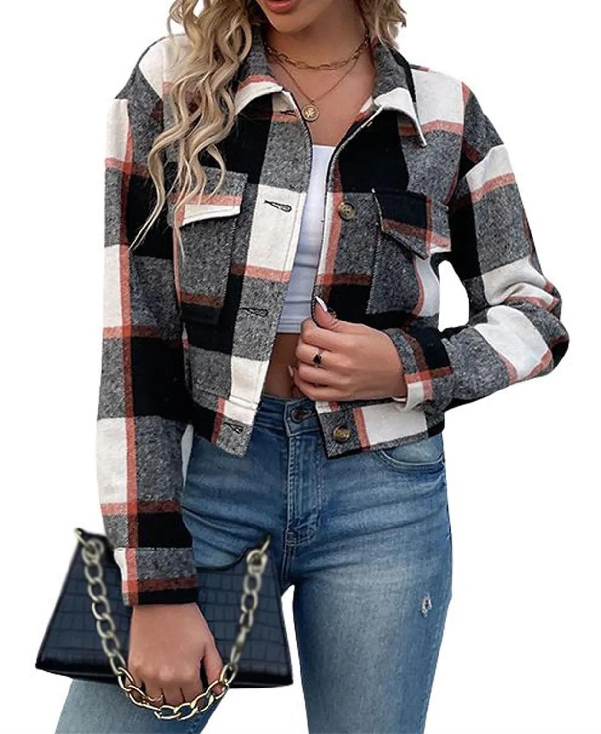 Женская куртка с длинным рукавом Plaid Flannel Jacket, Black