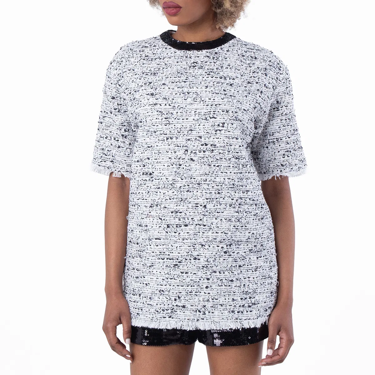 Футболка из твида с коротким рукавом Balmain, Blanc/Noir
