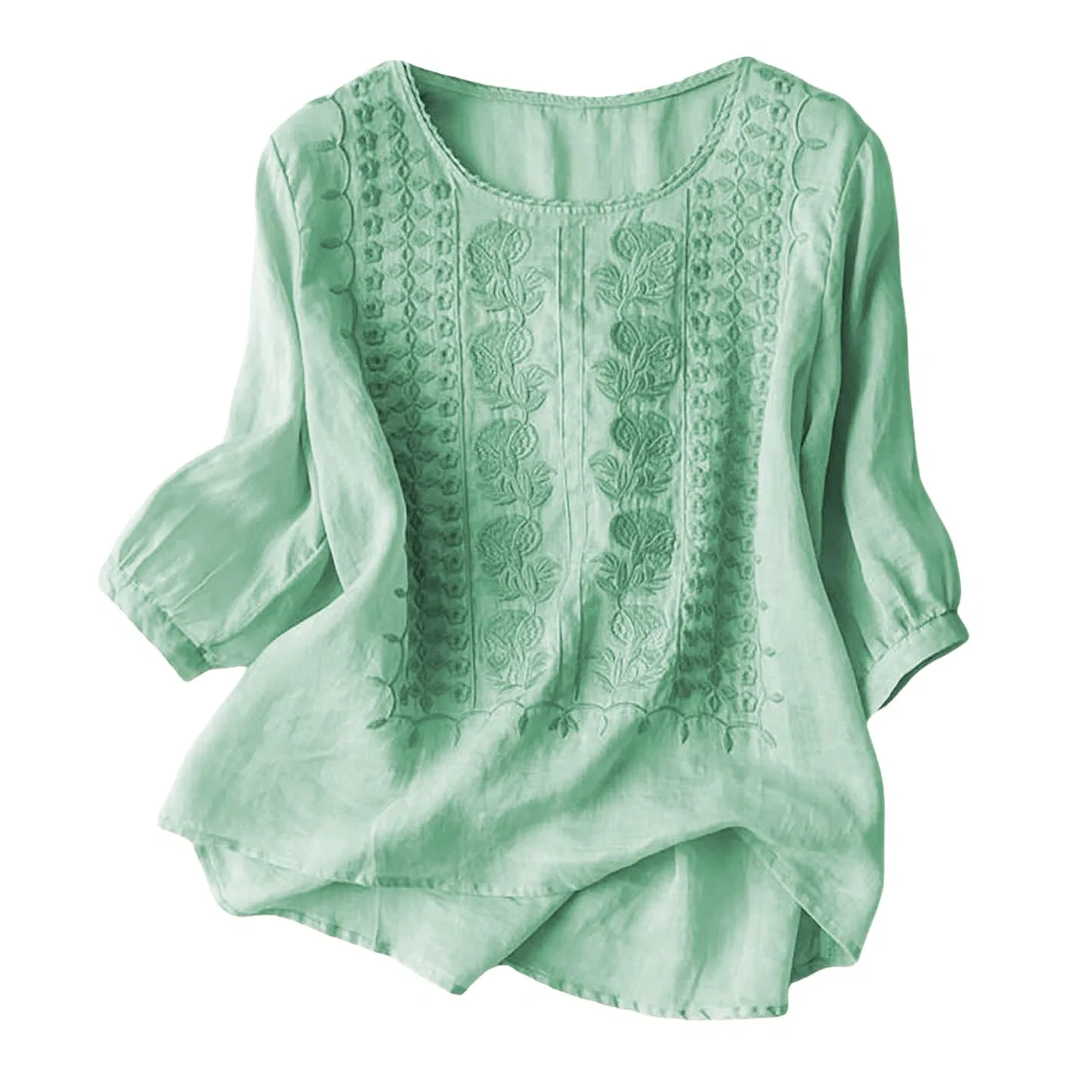 Женская блуза с принтом Women Linen Shirt 3/4 Sleeves Casual Vintage Floral Embroidery Print Chinese Shirts Summer Boho Tops Comfortable Blouses for Women, Z03-mint Green