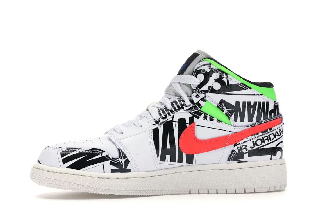 Детские кроссовки с принтом Jordan 1 Mid All Over Logos Jordan, White/Racer Blue-Black-Cyber-Infrared 23-Sail — фото 3