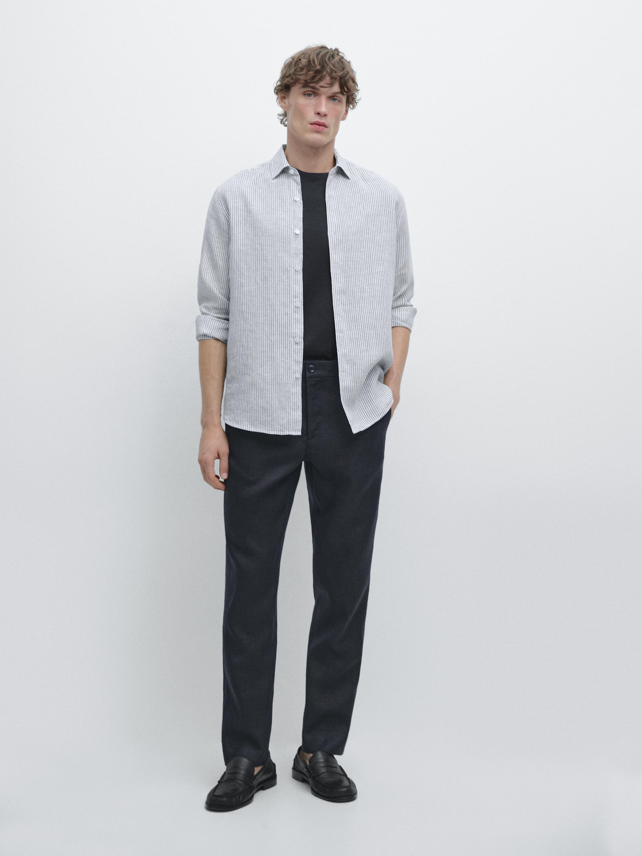 Брюки Massimo Dutti Tapered Fit Linen, темно-синий — фото 2