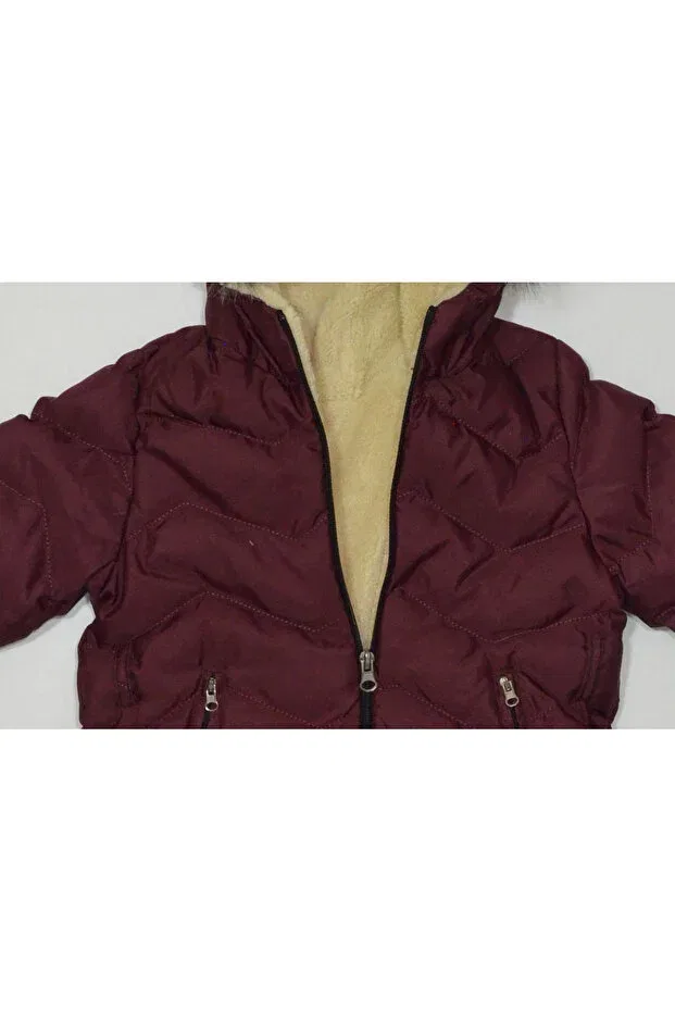 Детское зимнее пальто для девочек с капюшоном и поясом Winter zipper hooded with belt at the waist Baby Slon Kids Clup, Burgundy — фото 4