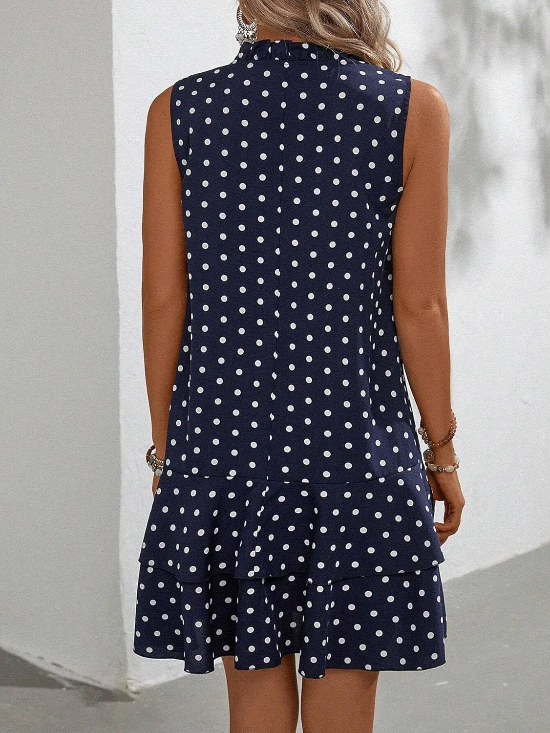 Женское повседневное платье с воланами и галстуком Polka Dot, Blue and White — фото 4