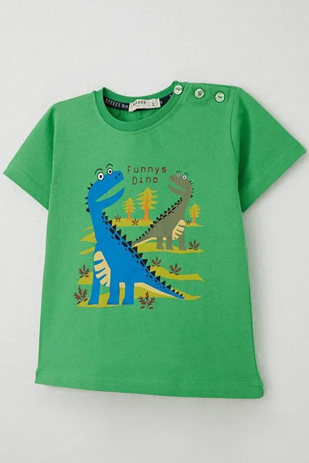Детская футболка для мальчиков с принтом Forest Themed Funny Dinosaurs Breeze, Green — фото 3