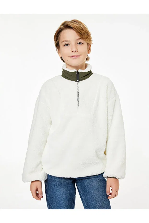 Детские свитшот с длинным рукавом Mock neck long sleeve half zipper plush Koton, Ecru