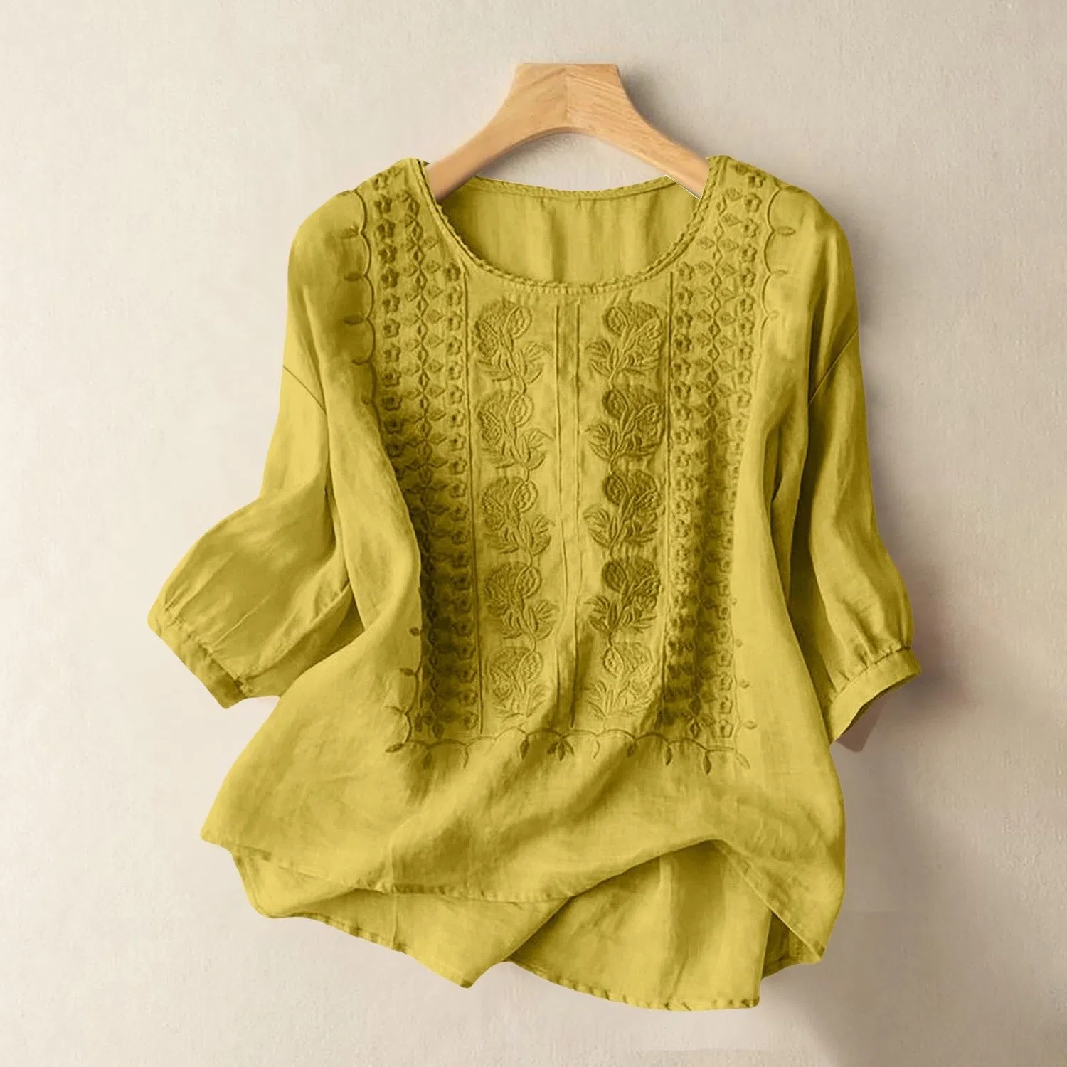 Женская блуза с цветочной вышивкой Cotton Linen Tops, Yellow Linen Shirts for Women — фото 2